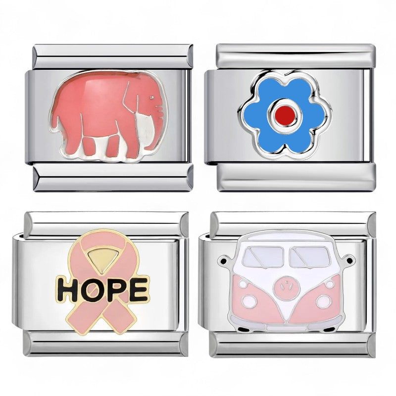Italian Charms, Forget me not, Elephant, Campervan, Hope Ribbon