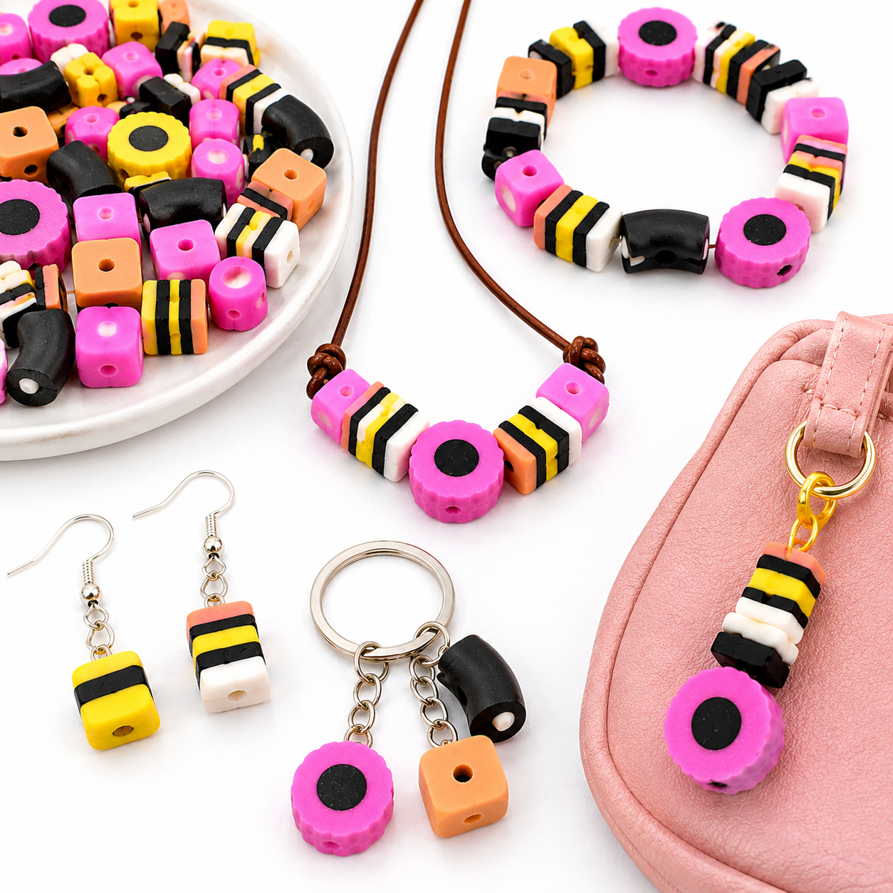 Liquorice-style polymer clay beads on necklace and earrings, plus pink heart-shaped keychain charm
