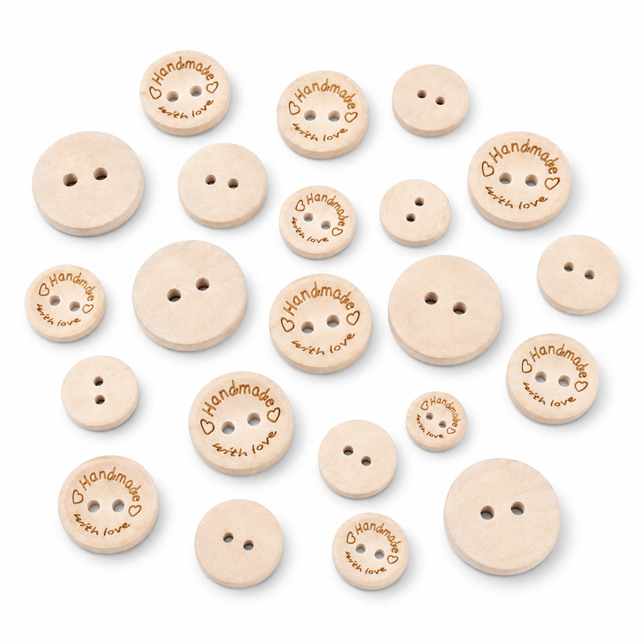 Assorted natural wood sewing buttons; two-hole faces, including engraved "Handmade with Love"