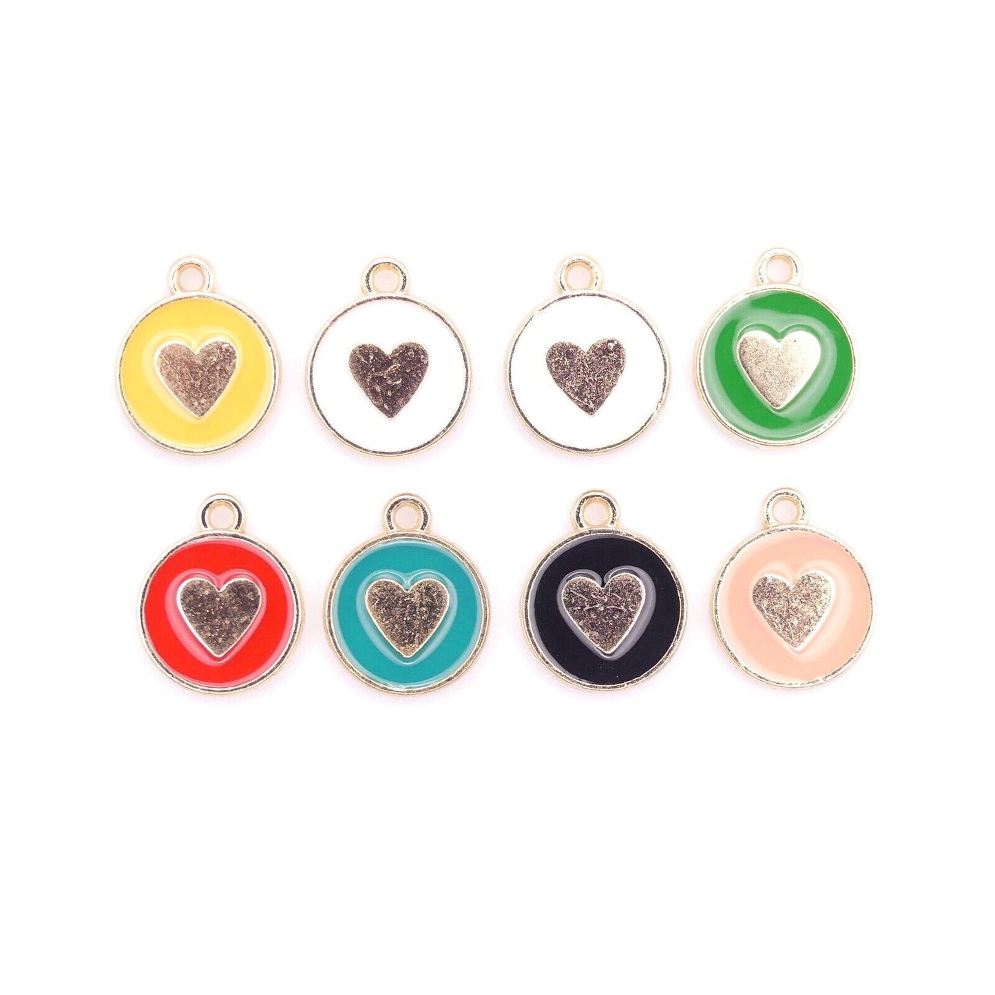 8 Mixed Round Enamel With Gold Heart Enamel Charms