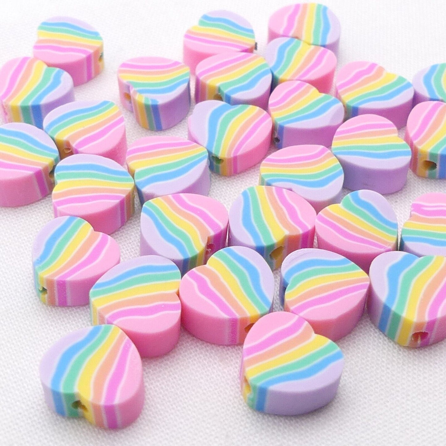 30 Heart Shaped Rainbow Polymer Clay Spacer Beads, Rainbow Heart Beads