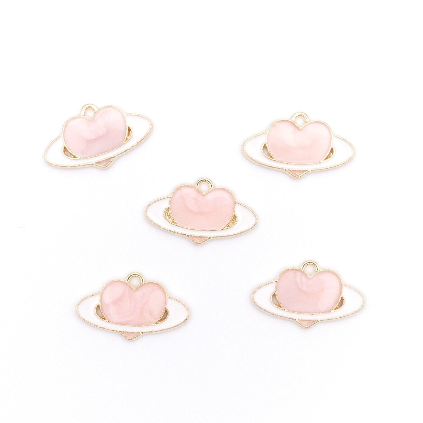 5 Pink And White Heart Enamel Charms Jewellery Making Pink Heart Charms