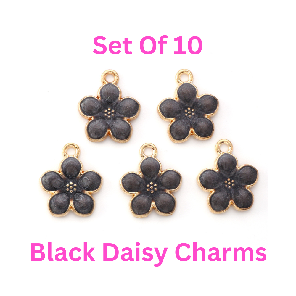 10 Black Enamel Daisy Charms Flower Gold Plated Jewellery Making Crafts