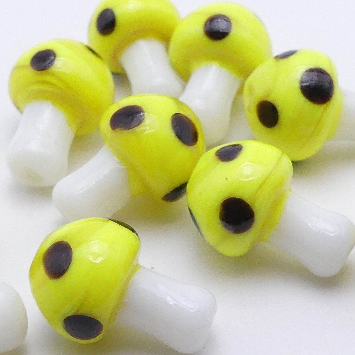 10 Yellow And Black Glass Mushroom Beads, Handmade Lamp Work Millefiori