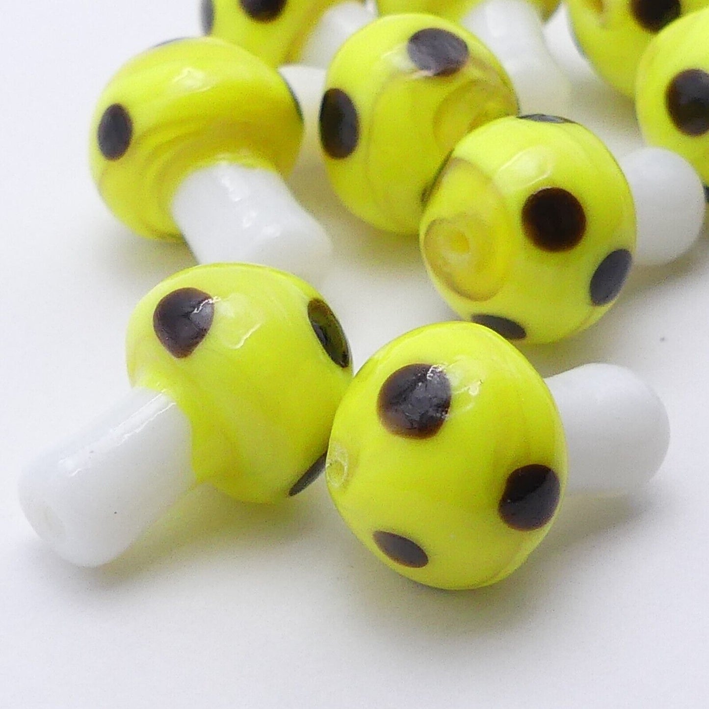 10 Yellow And Black Glass Mushroom Beads, Handmade Lamp Work Millefiori