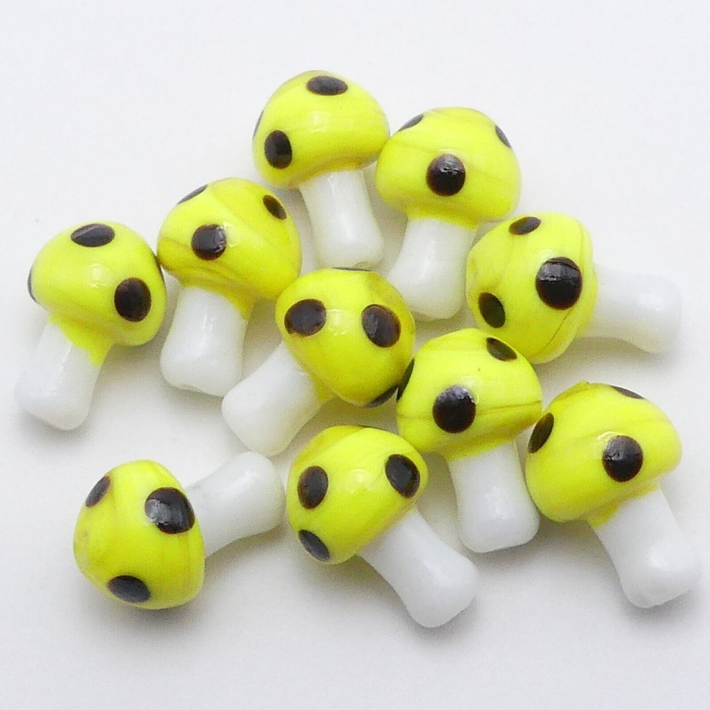 10 Yellow And Black Glass Mushroom Beads, Handmade Lamp Work Millefiori