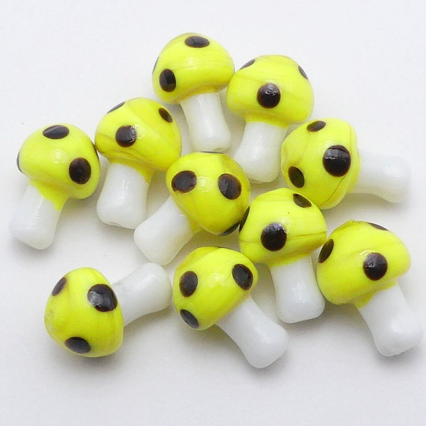 10 Yellow And Black Glass Mushroom Beads, Handmade Lamp Work Millefiori