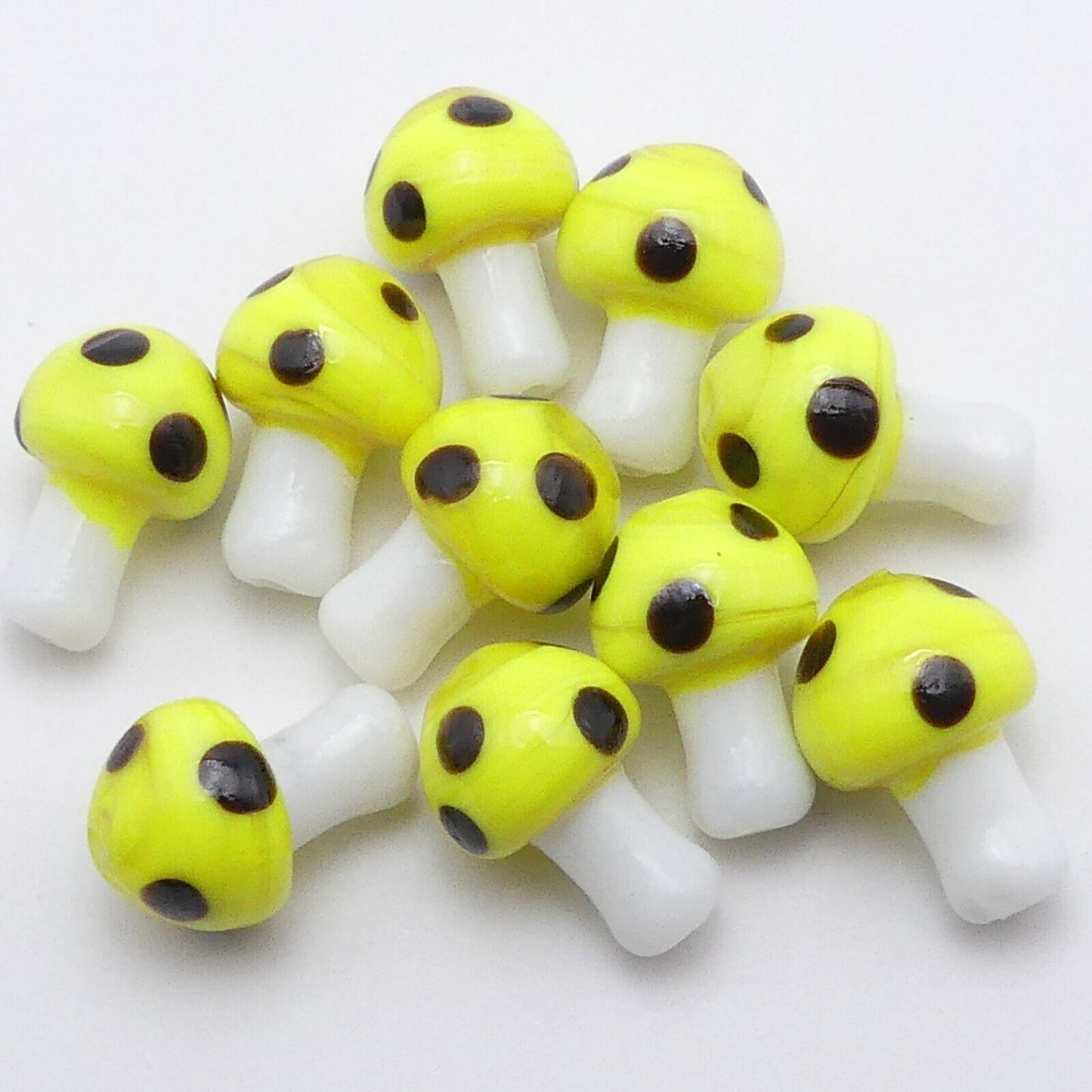 10 Yellow And Black Glass Mushroom Beads, Handmade Lamp Work Millefiori