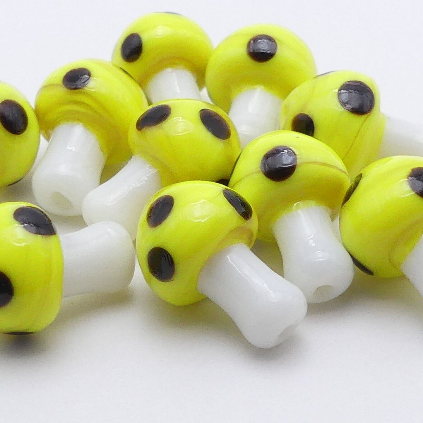 10 Yellow And Black Glass Mushroom Beads, Handmade Lamp Work Millefiori