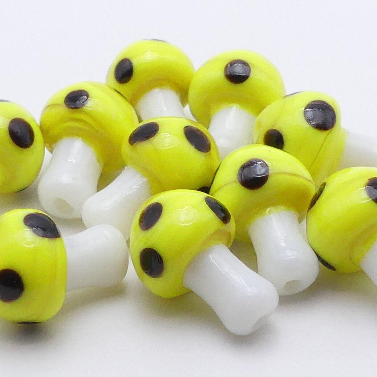 10 Yellow And Black Glass Mushroom Beads, Handmade Lamp Work Millefiori