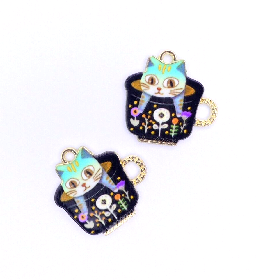2 Cat In A Tea Cup Enamel Charms Kitten Pussycat Jewellery Making Crafts