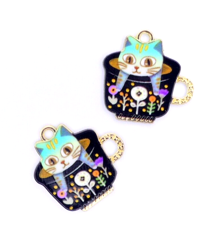 2 Cat In A Tea Cup Enamel Charms Kitten Pussycat Jewellery Making Crafts