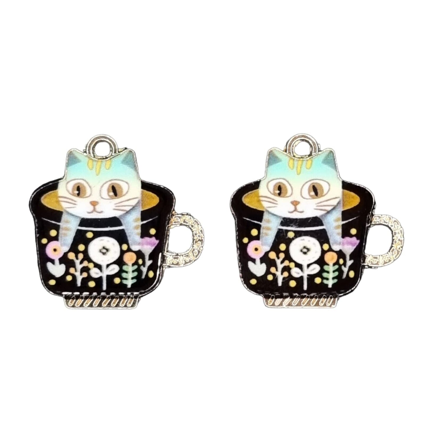 2 Cat In A Tea Cup Enamel Charms Kitten Pussycat Jewellery Making Crafts