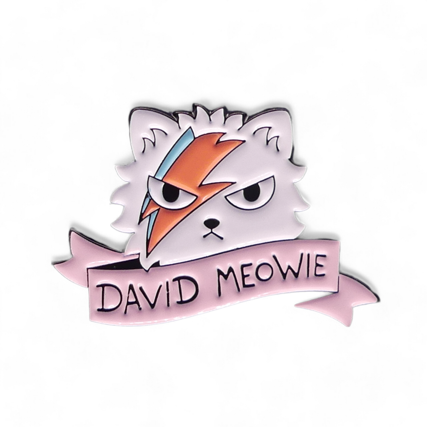 David Meowie Enamel Pin Badge Cute Cat with David Bowie-Inspired Lightning Bolt