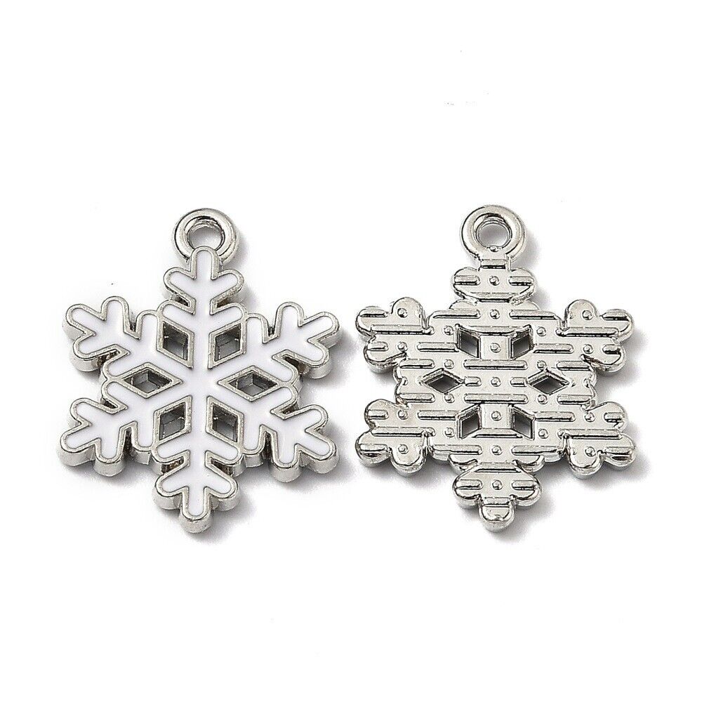 10 White Snowflake Enamel Charms
