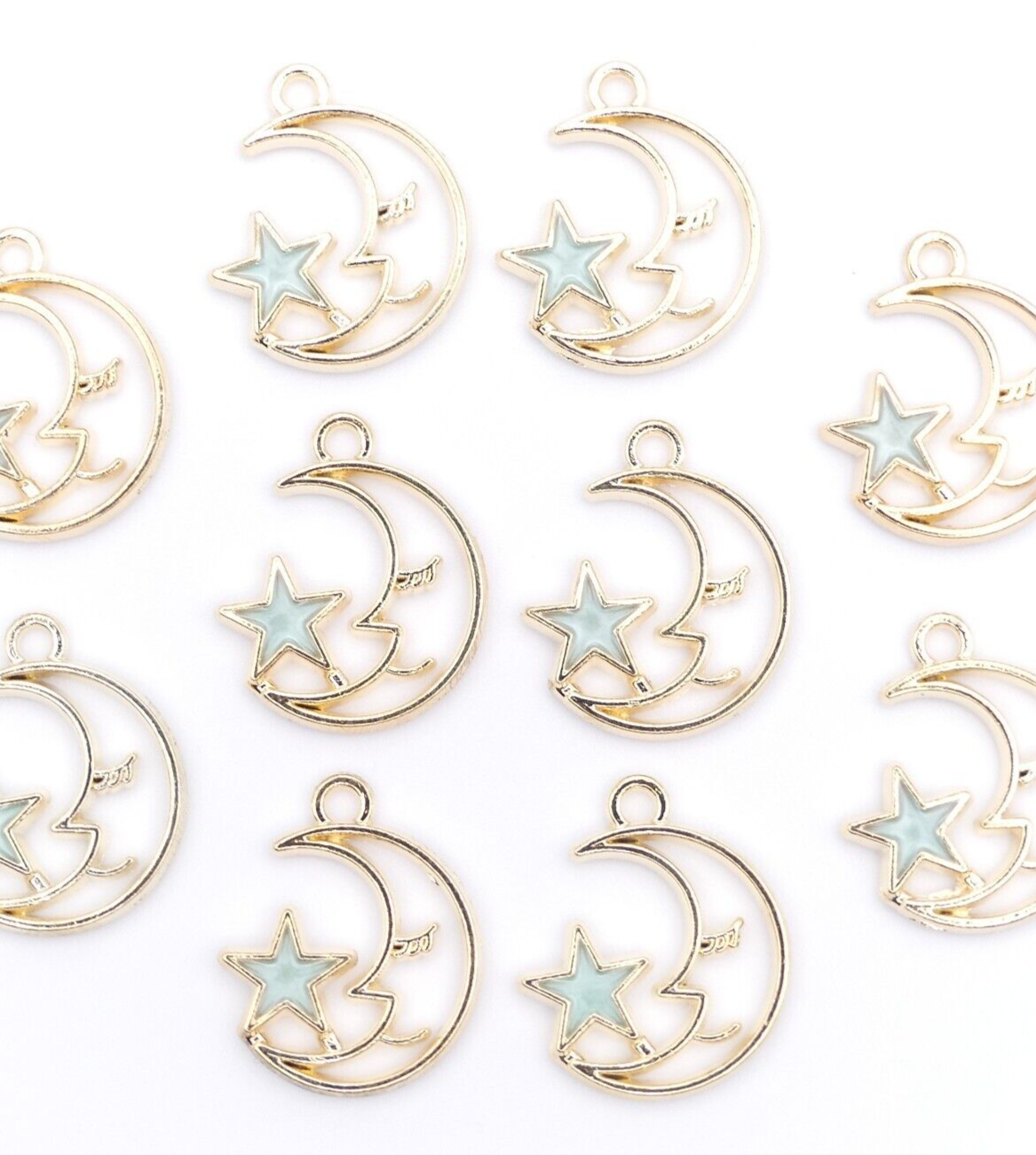 10 Gold-Tone Moon Charms with Enamel Star – Choice of 4 Colors