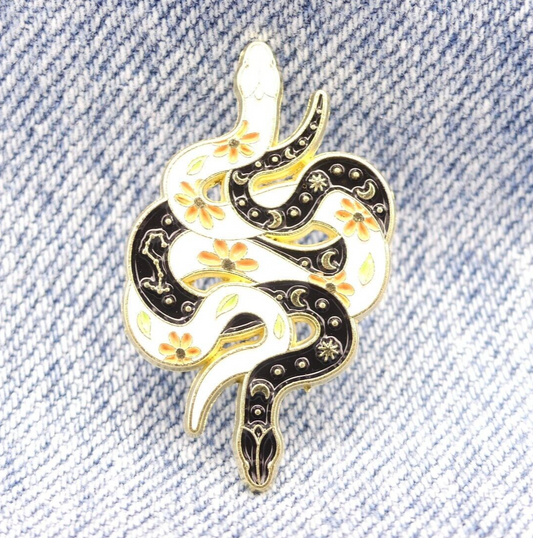 Black And White Intertwined Double Snake Enamel Pin Badge