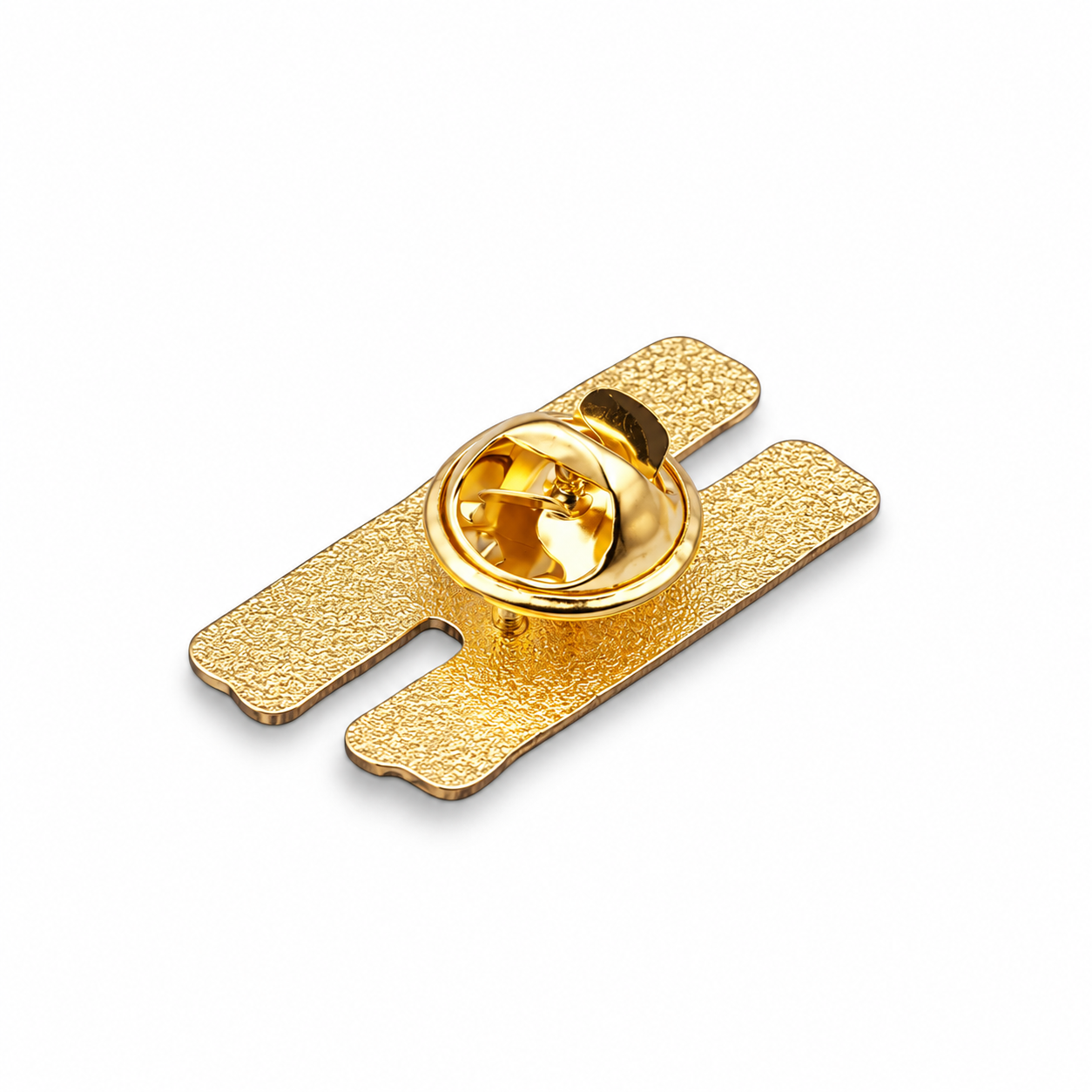 Gold enamel pin badge back with butterfly clutch, rectangular bar design.