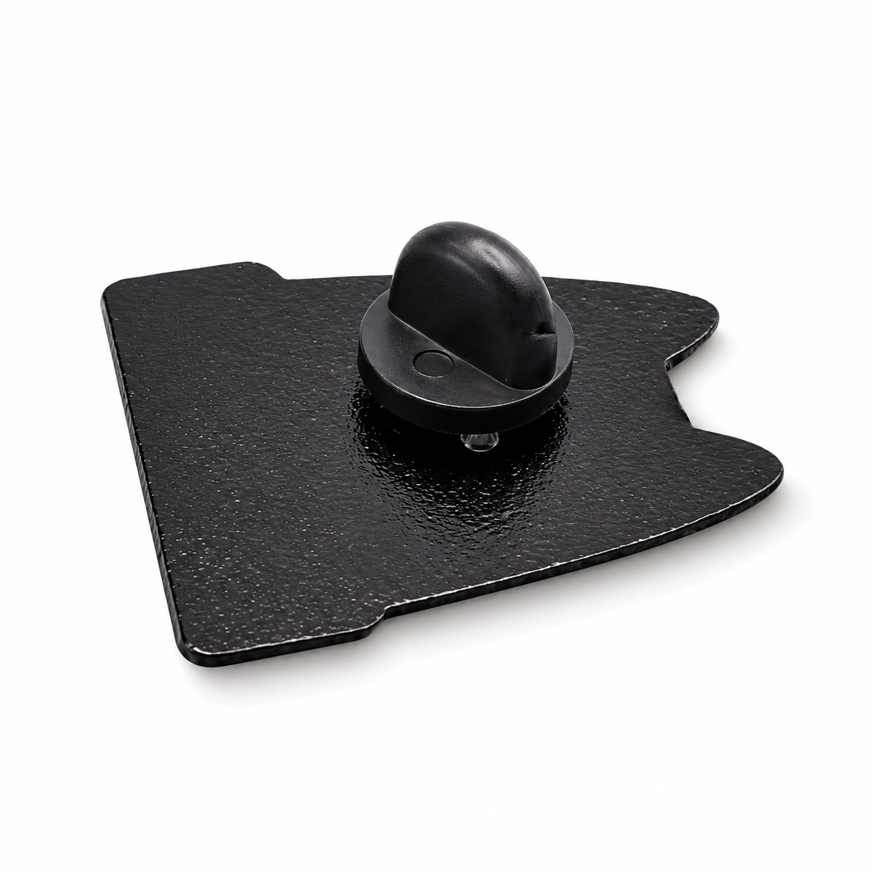 Black enamel pin clasp backing with round pin stem, metal and plastic