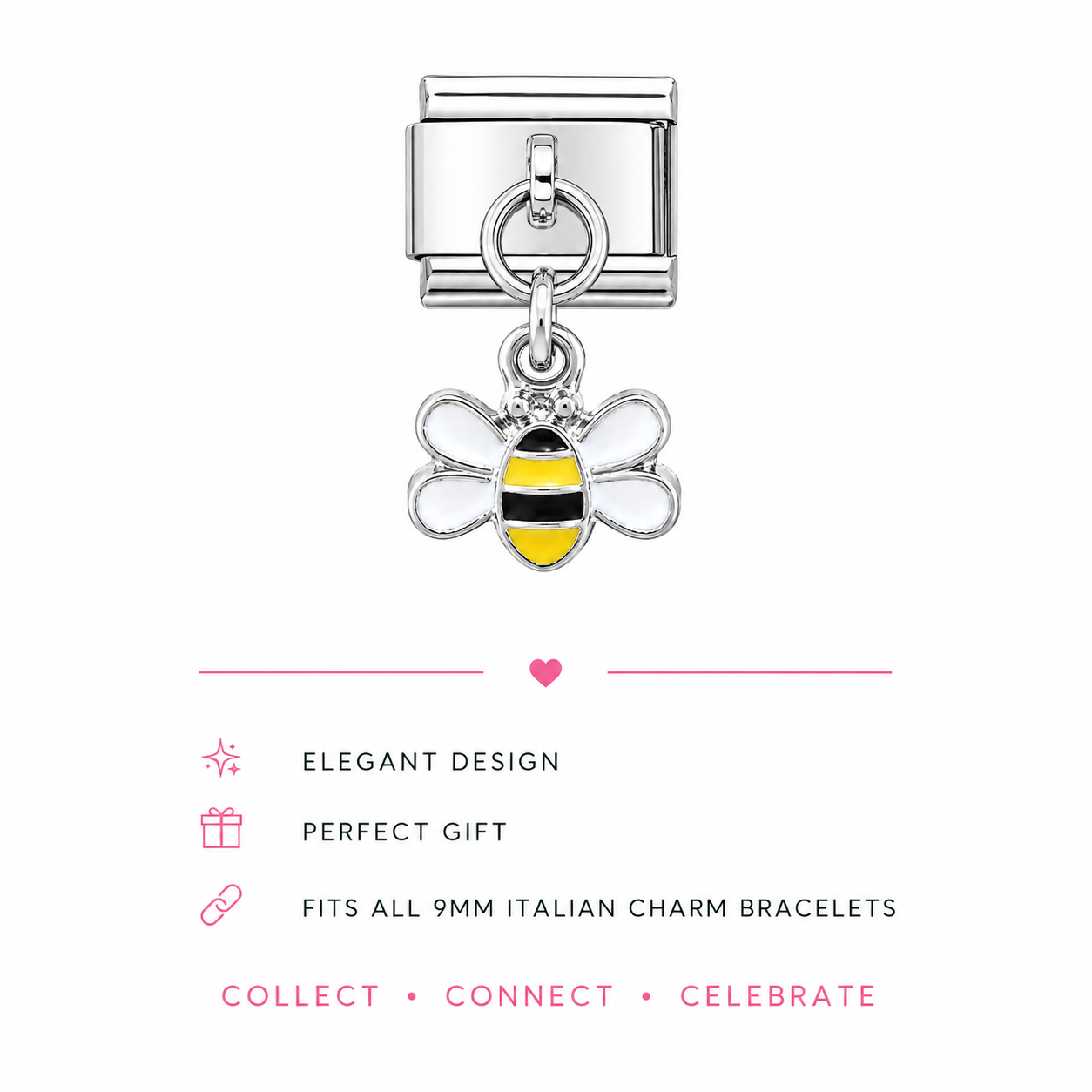Bee charm with yellow enamel stripes, silver hanging from a ring connector