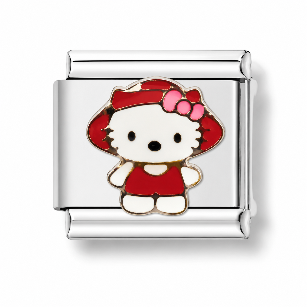 A silver-toned Italian charm link featuring an enamel Hello Kitty character design wearing a red dress and hat with pink bow details.