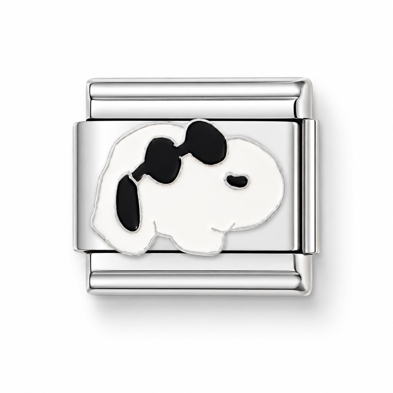 Stainless steel Italian charm with Snoopy silhouette in black and white