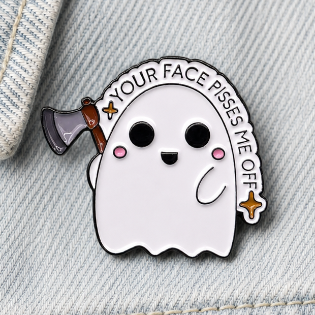 White ghost face enamel pin badge with axe charm, pink eyes, and slogan border