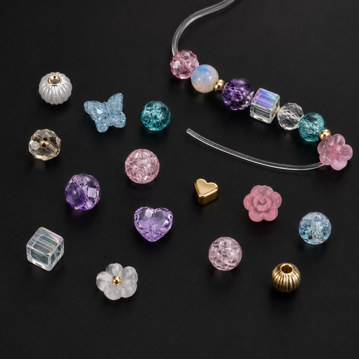 Clear elastic beading cord threaded with colorful beads and charms, looped strand shown.