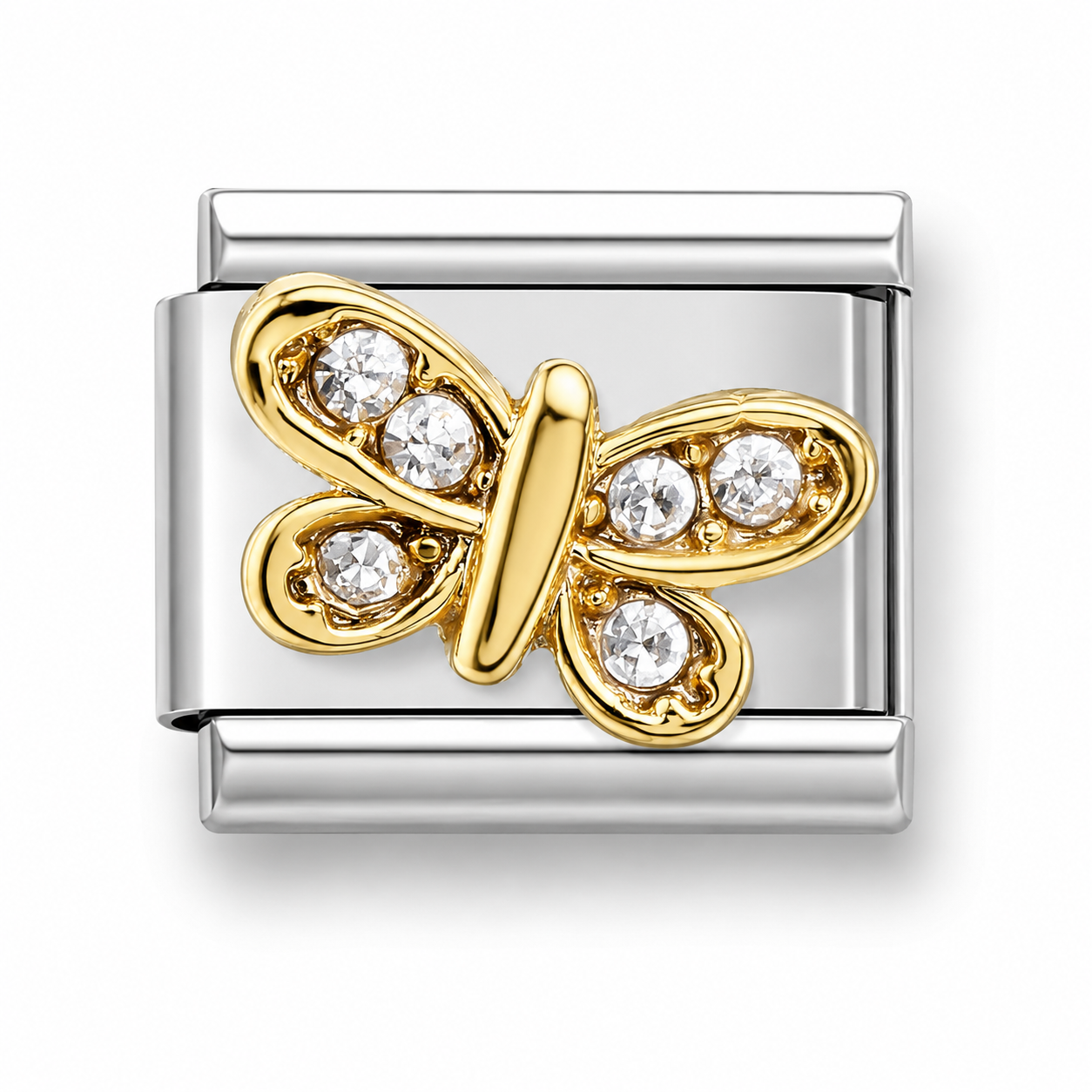 Italian stainless steel charm link featuring a gold-toned butterfly motif adorned with clear cubic zirconia crystal stones