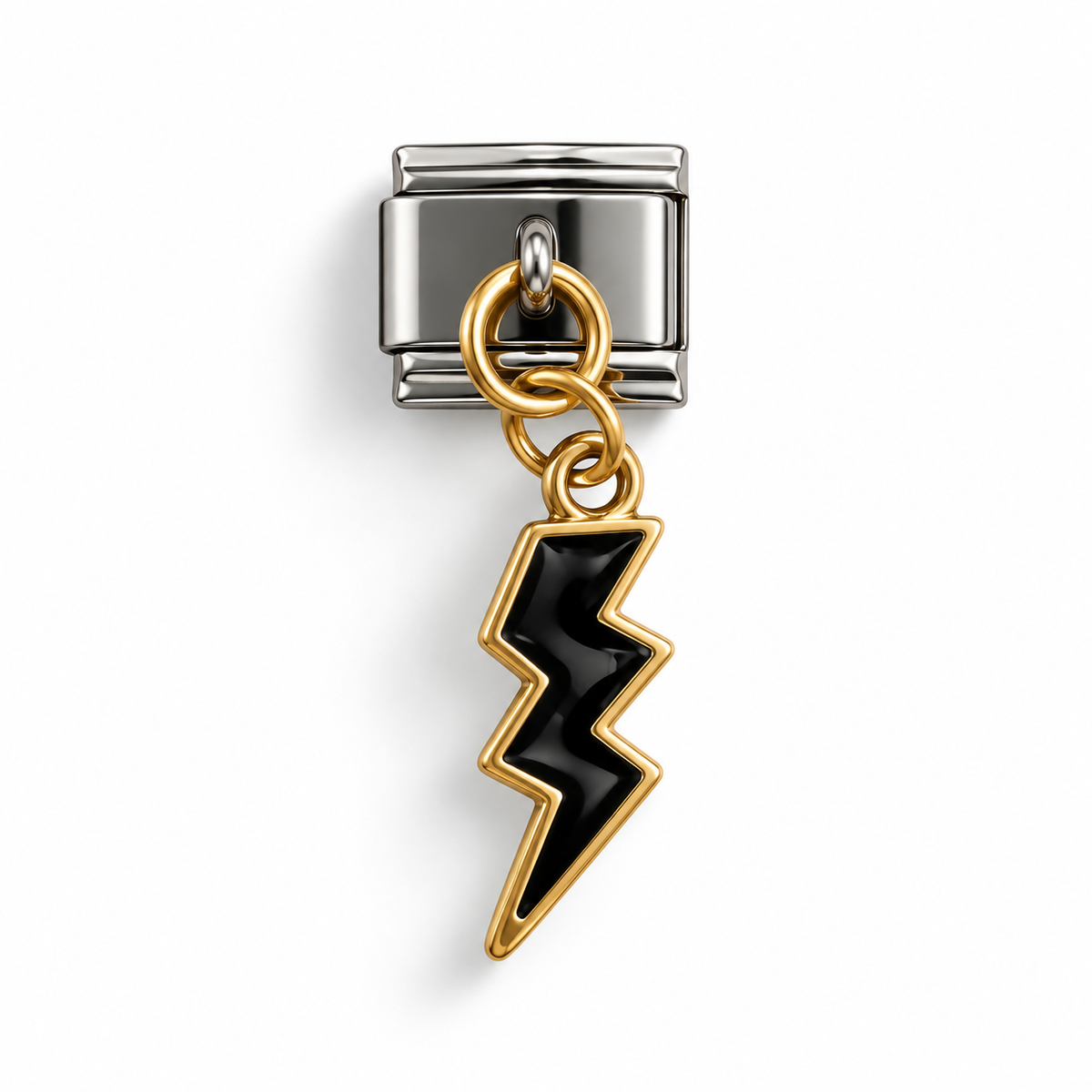 Front view lightning bolt dangle charm with black enamel and gold frame clasp