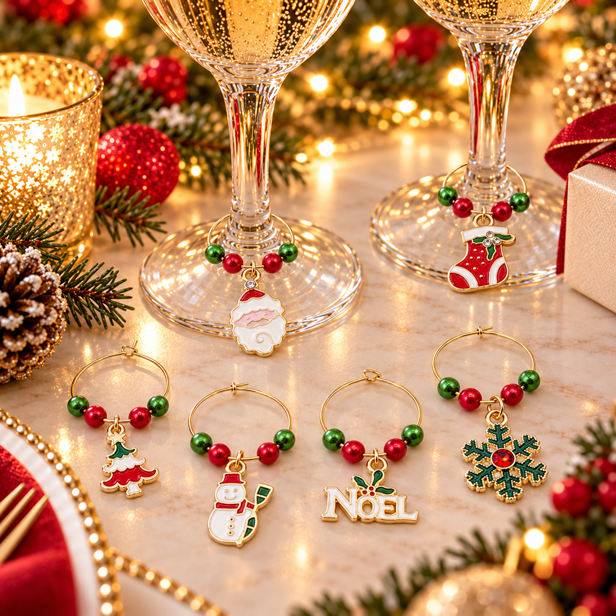 Wine glass charm set of 6 on stems: Noel sign, stocking, tree, snowman, ornament, snowflake