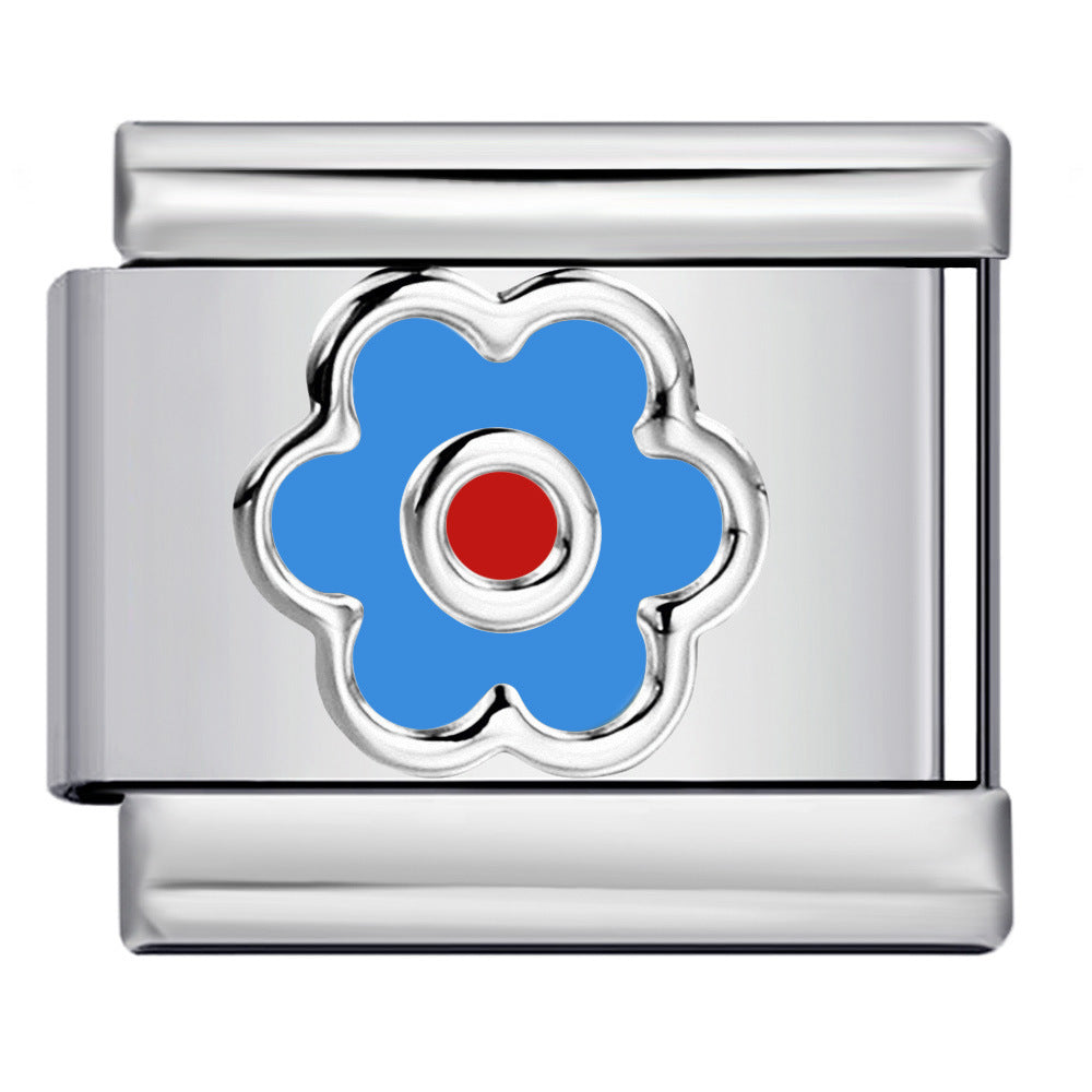 Blue daisy flower charm with red center, blue enamel on silver link