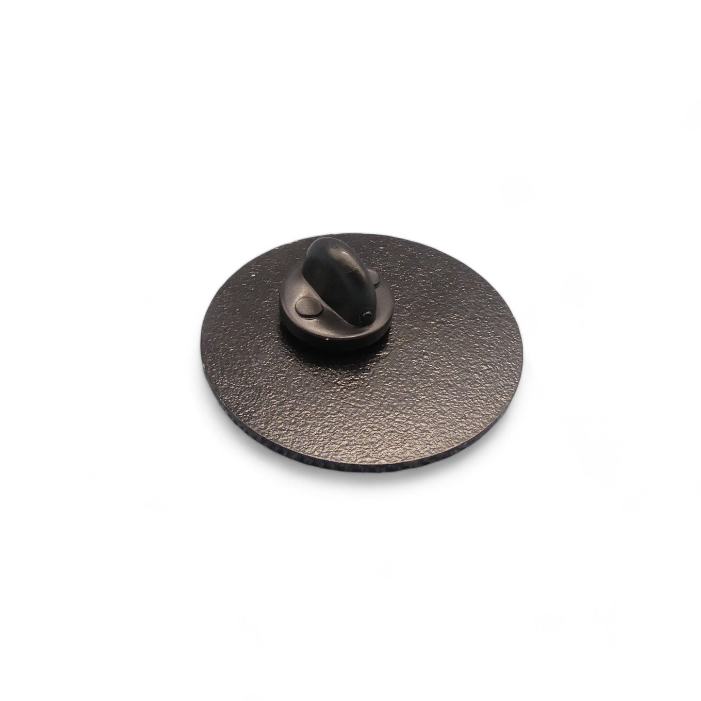 Enamel pin badge back with round dark metal clasp and locking pin