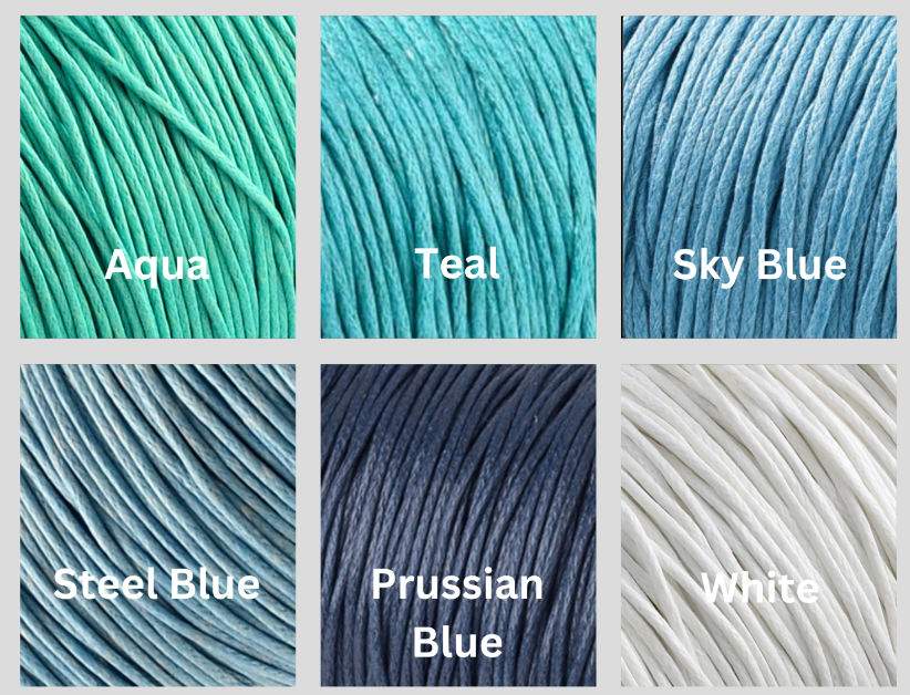 Waxed cotton cord color swatches: Aqua, Teal, Sky Blue, Steel Blue, Prussian Blue, White.