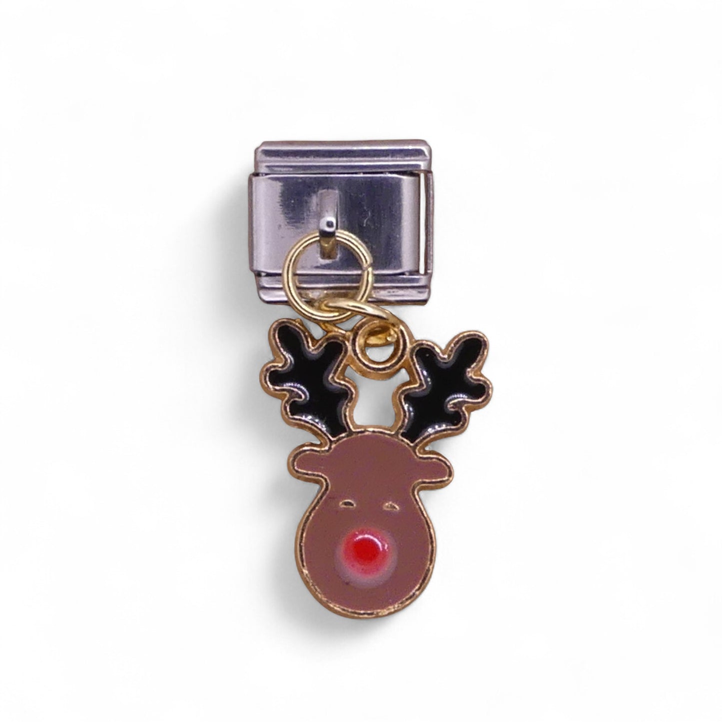 Brown Reindeer with black antlers and a red nose Italian dangle charm