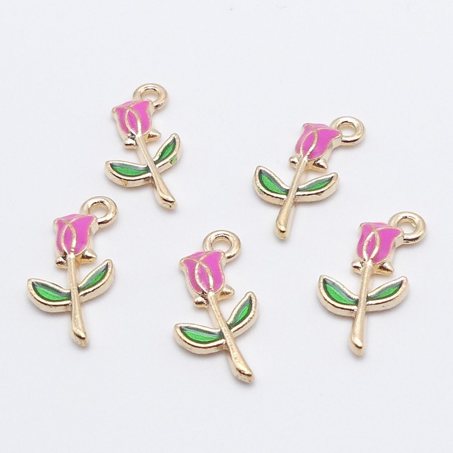 5 Pink Rose Enamel Charms