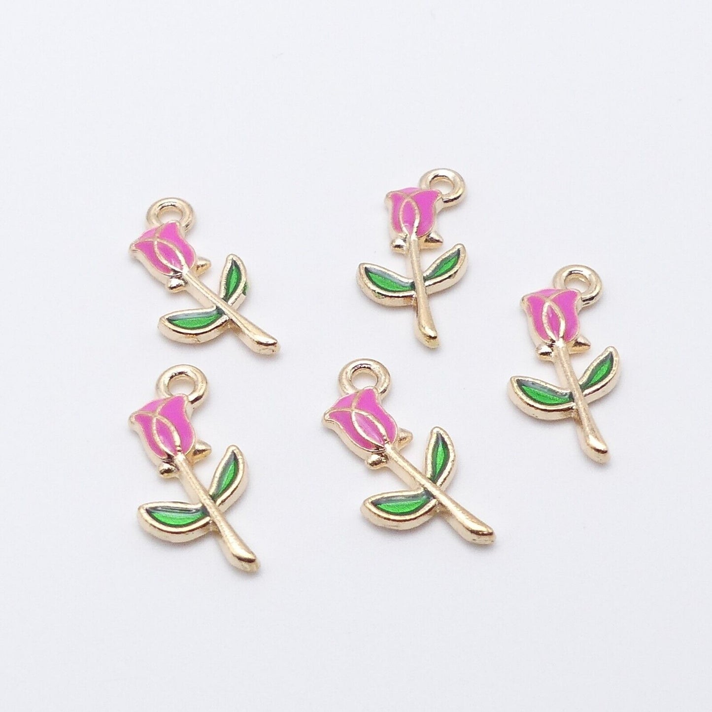 5 Pink Rose Enamel Charms