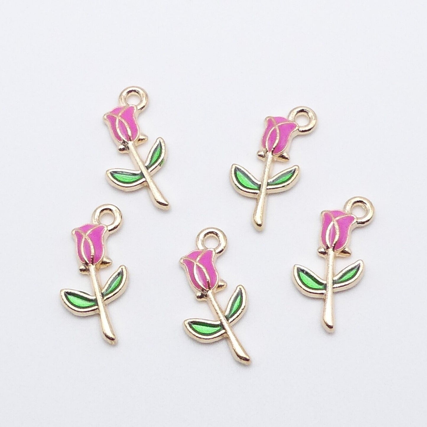 5 Pink Rose Enamel Charms