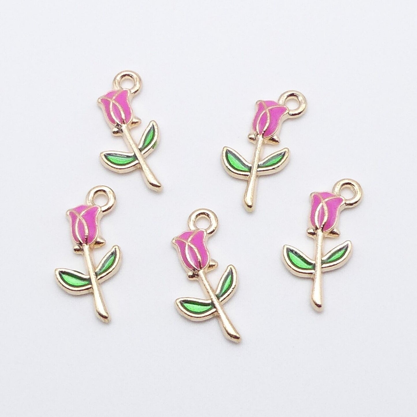 5 Pink Rose Enamel Charms