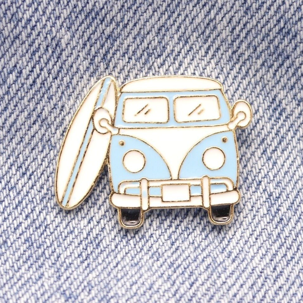 Retro Camper Van Enamel Pin Badge Van Camping Life Surf Board Blue and White