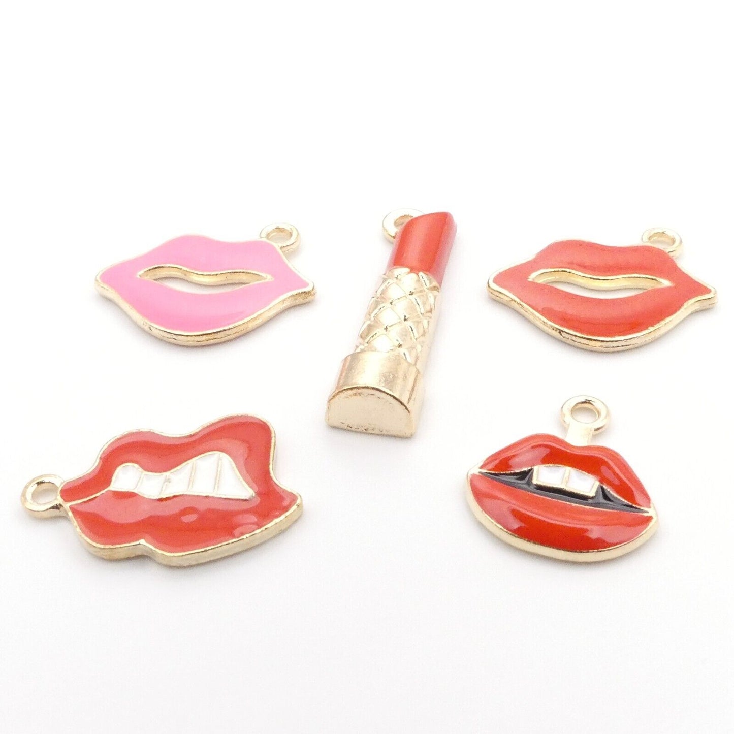 5 Lips And Lipstick Enamel Charms Retro Jewellery Making Charms Mouth Charms