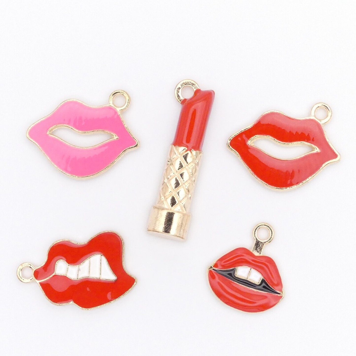 5 Lips And Lipstick Enamel Charms Retro Jewellery Making Charms Mouth Charms