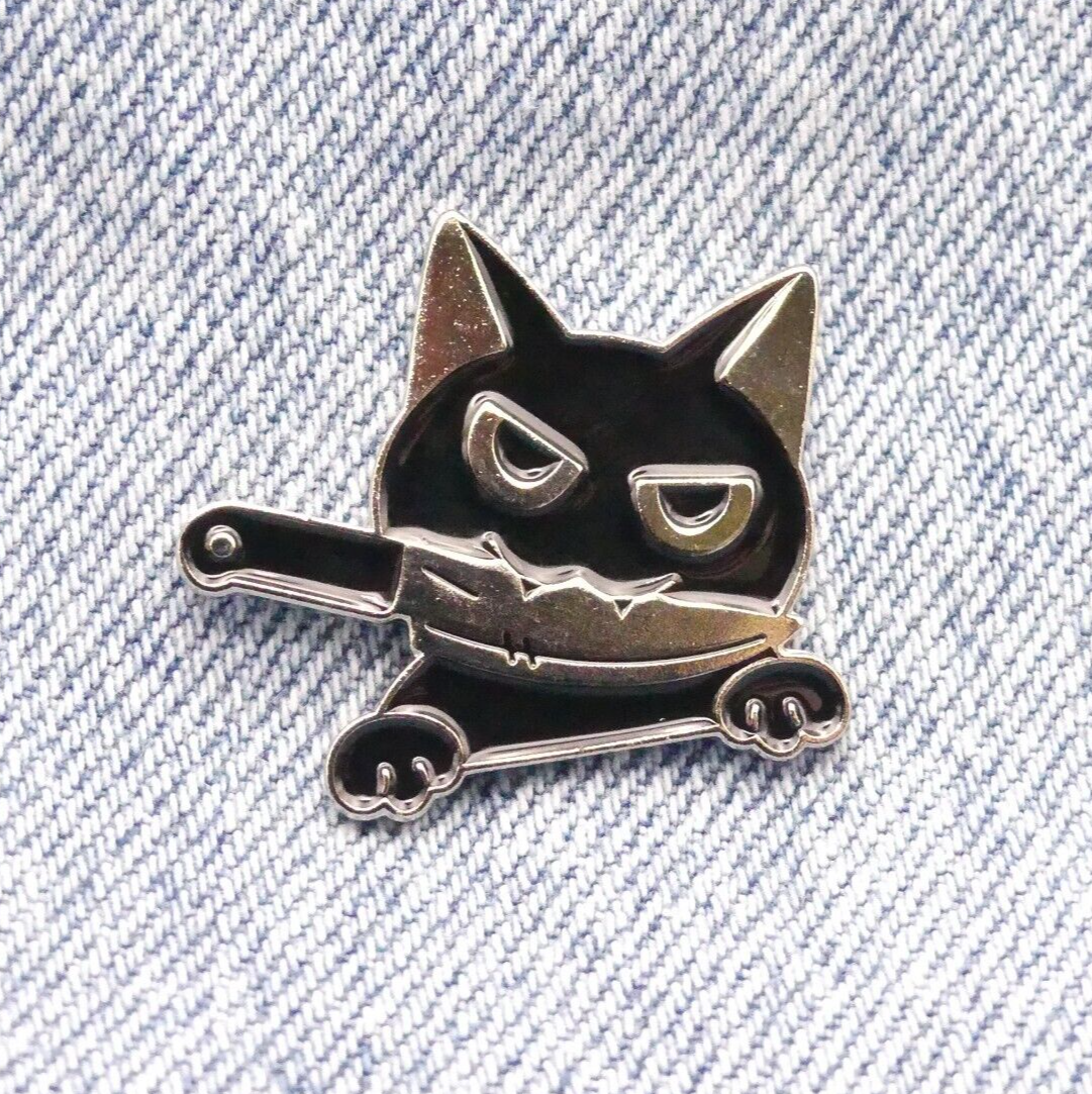 Black Psycho Cat with knife Enamel pin badge