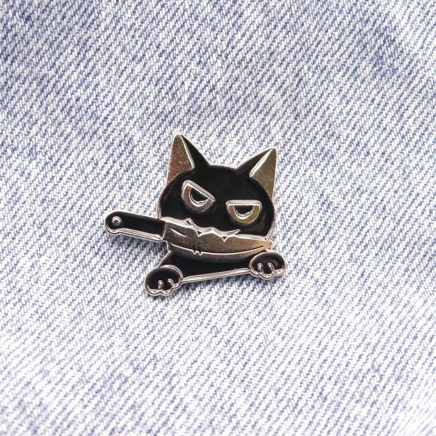 Black Psycho Cat with knife Enamel pin badge