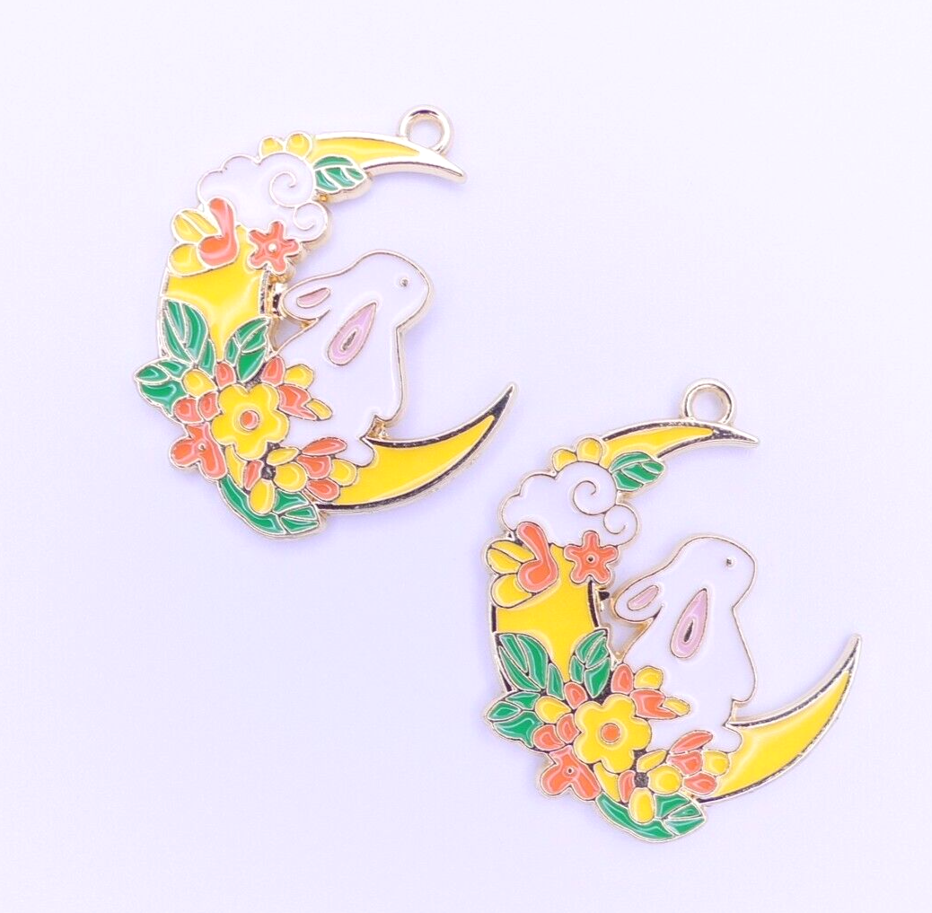 2 Rabbit In The Moon Enamel Charms