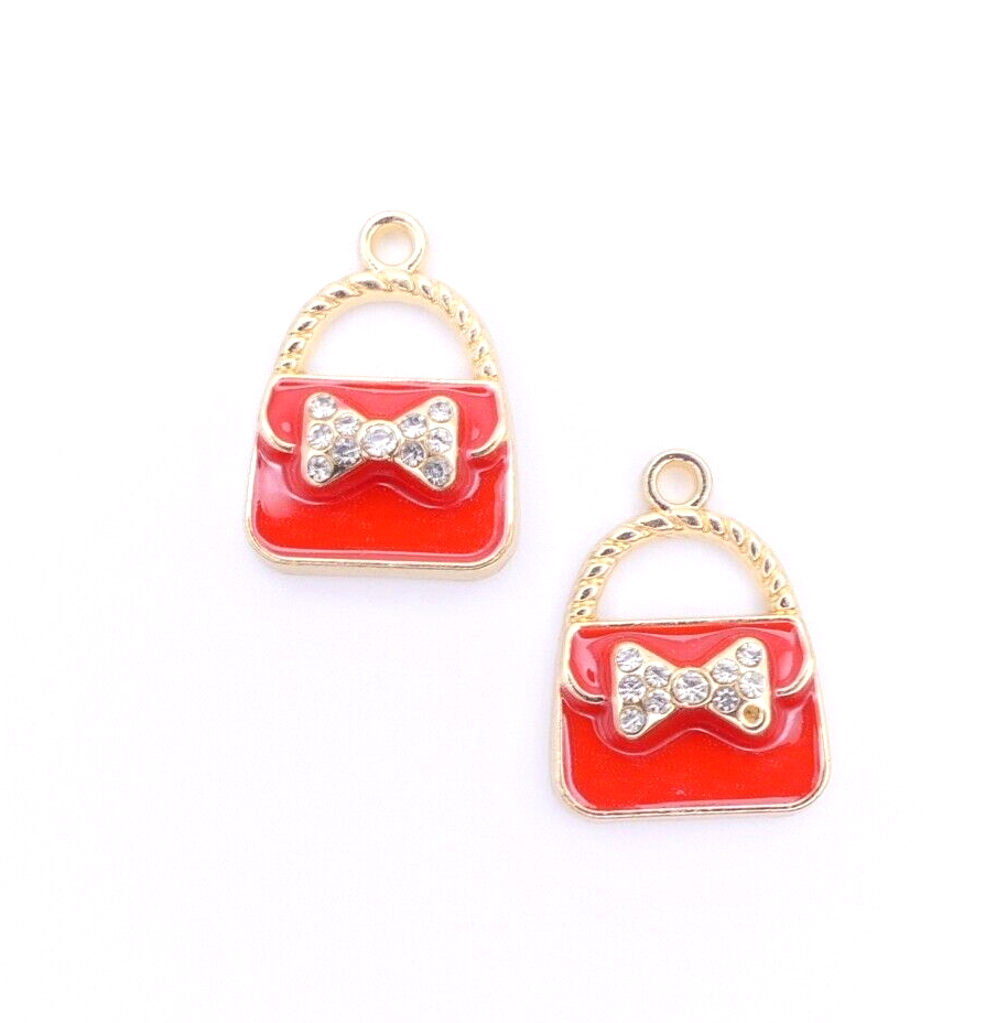 2 Red Enamel Gold Plated And Rhinestone Handbag Purse Charms