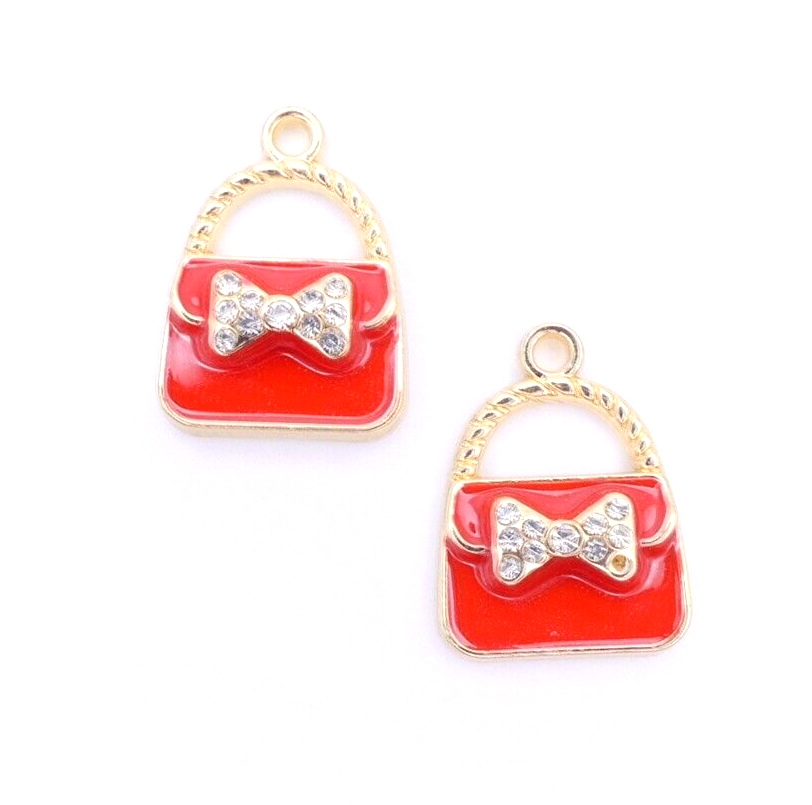 2 Red Enamel Gold Plated And Rhinestone Handbag Purse Charms