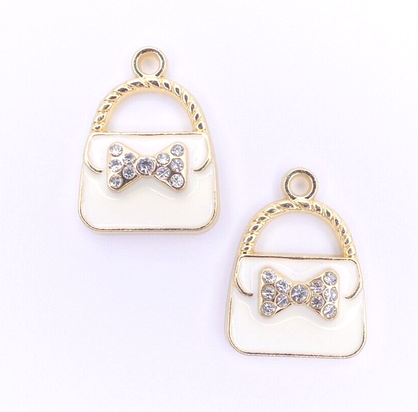 2 White Enamel Rhinestone Gold Plated Handbag Purse Charms