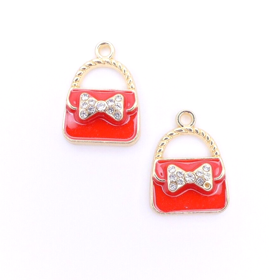 2 Red Enamel Gold Plated And Rhinestone Handbag Purse Charms