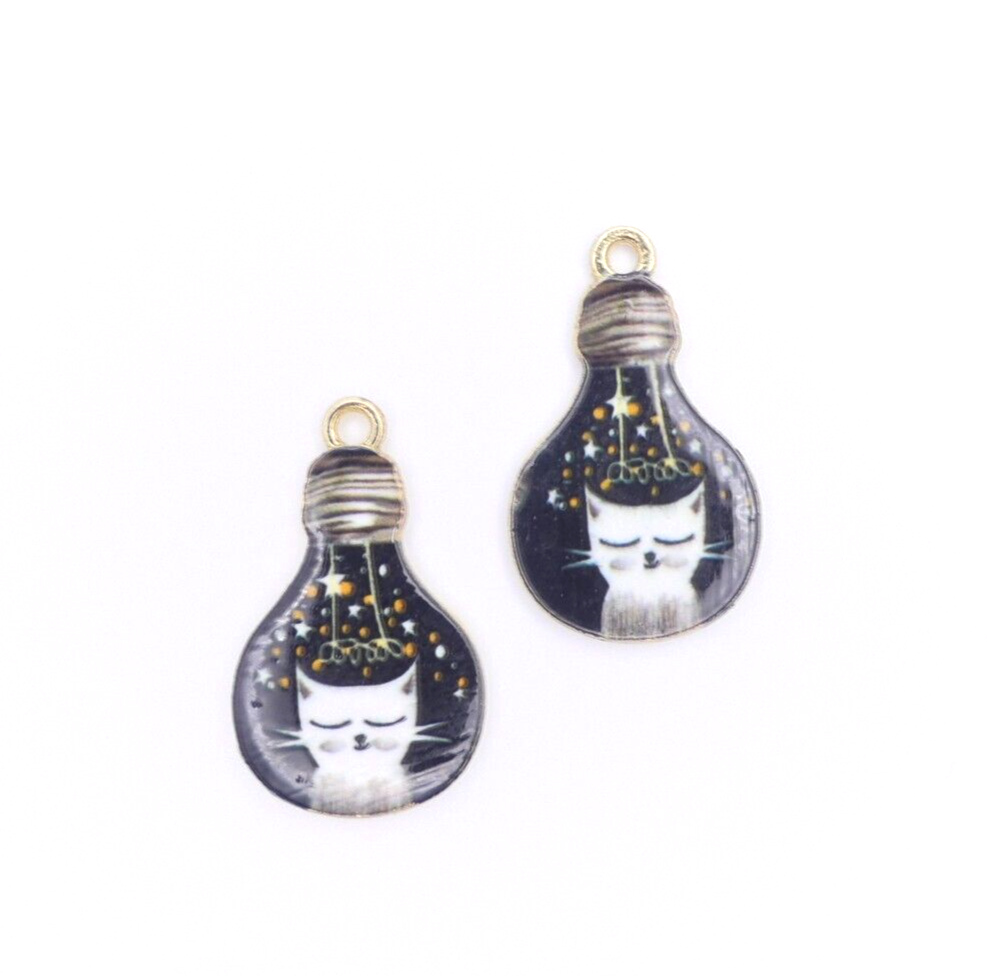 2 Cat In A Lightbulb Enamel Charms